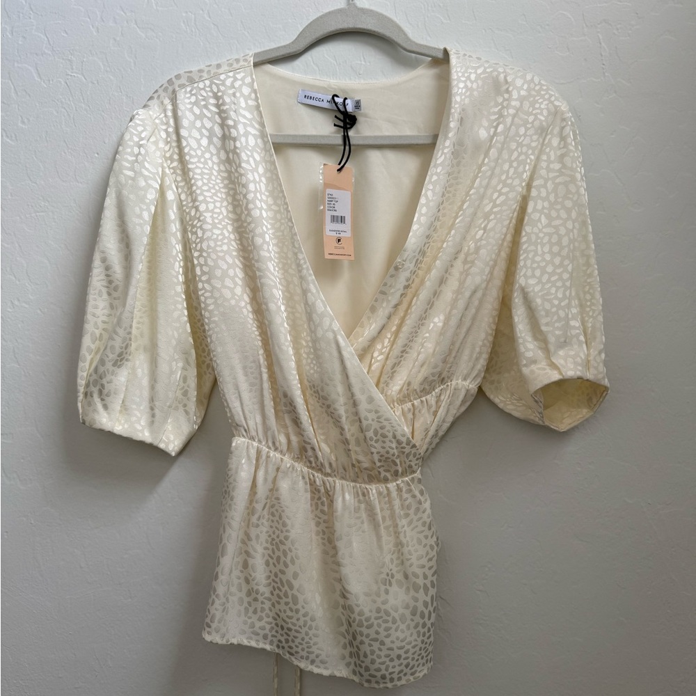 Rebecca Taylor Ivory Satin Jacquard Wrap Peplum Top